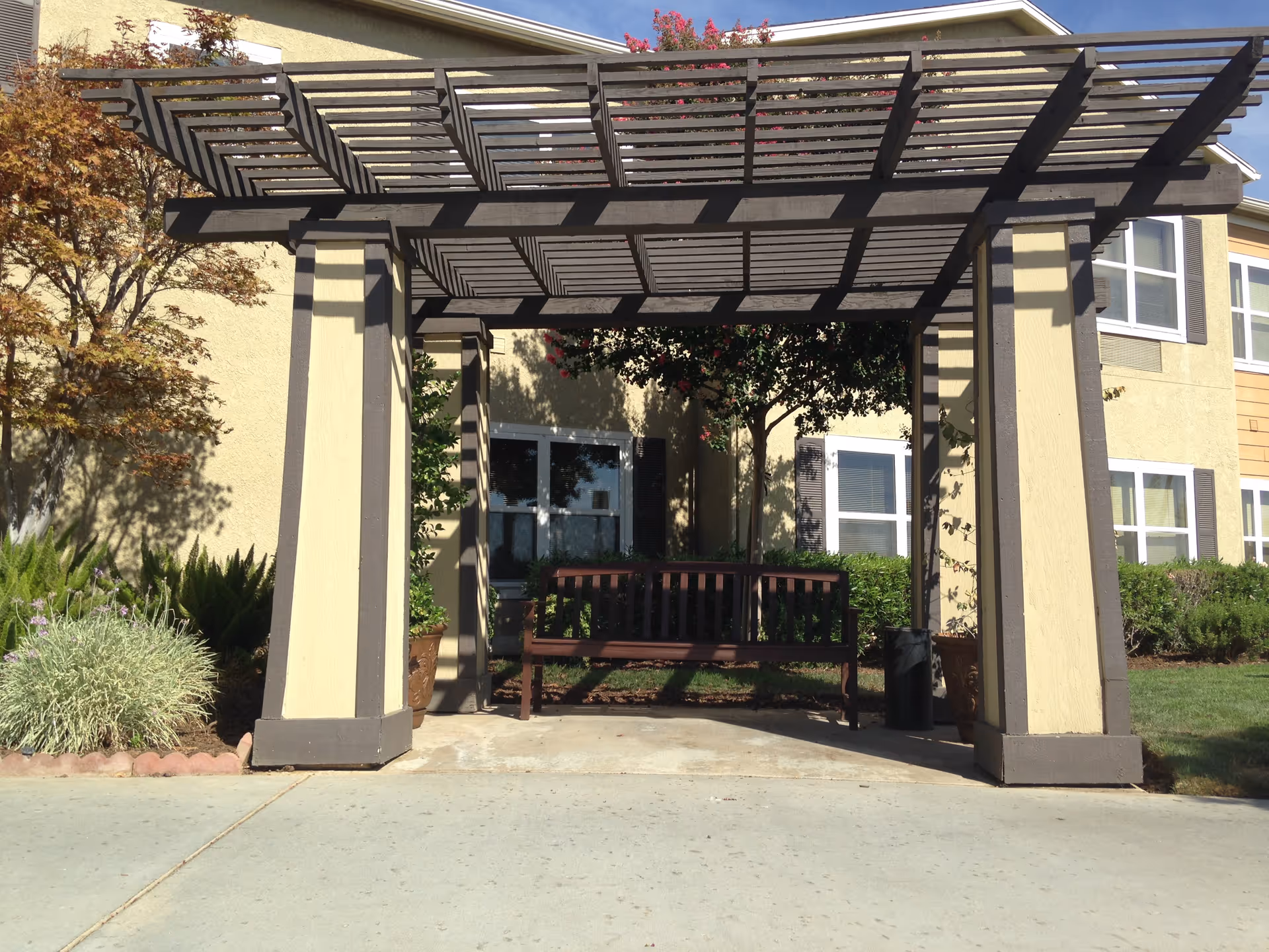 Outdoor seating area with a wooden bench under a pergola structure in front of a building with beige walls and multiple windows. There are plants and trees around the area, and the ground is paved.