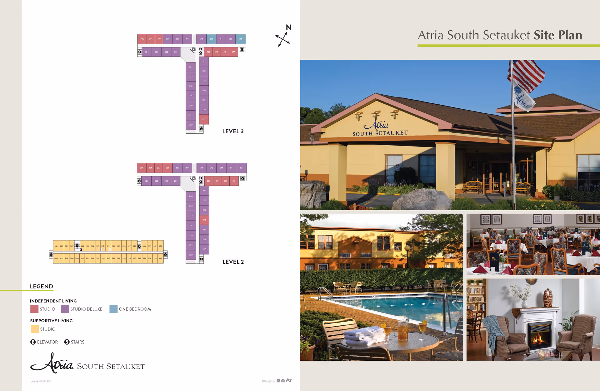 A site plan for Atria South Setauket showing floor layouts for levels 2 and 3 with color-coded independent and supportive living units. The right side features four photos: the front exterior of the building with flags, an outdoor swimming pool area with chairs and tables, a dining room set with tables and chairs, and a cozy interior seating area with a fireplace and armchairs.