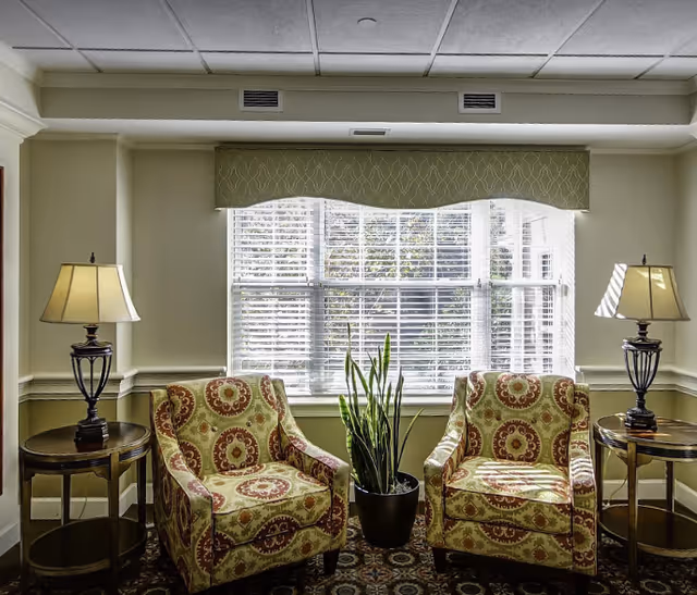 Two patterned armchairs with red and beige circular designs are placed side by side in front of a large window with white blinds. A tall green potted plant is positioned between the chairs. On each side of the chairs, there are round wooden side tables with table lamps featuring cream-colored lampshades. The room has beige walls and a patterned carpet.