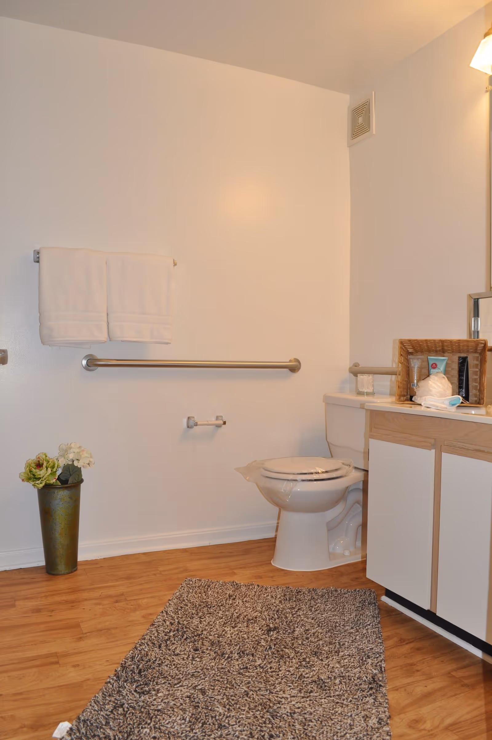 Well-lit bathroom with a toilet next to a vanity, towel rack and grab bar, a decorative vase, and a rug on wood-look flooring.