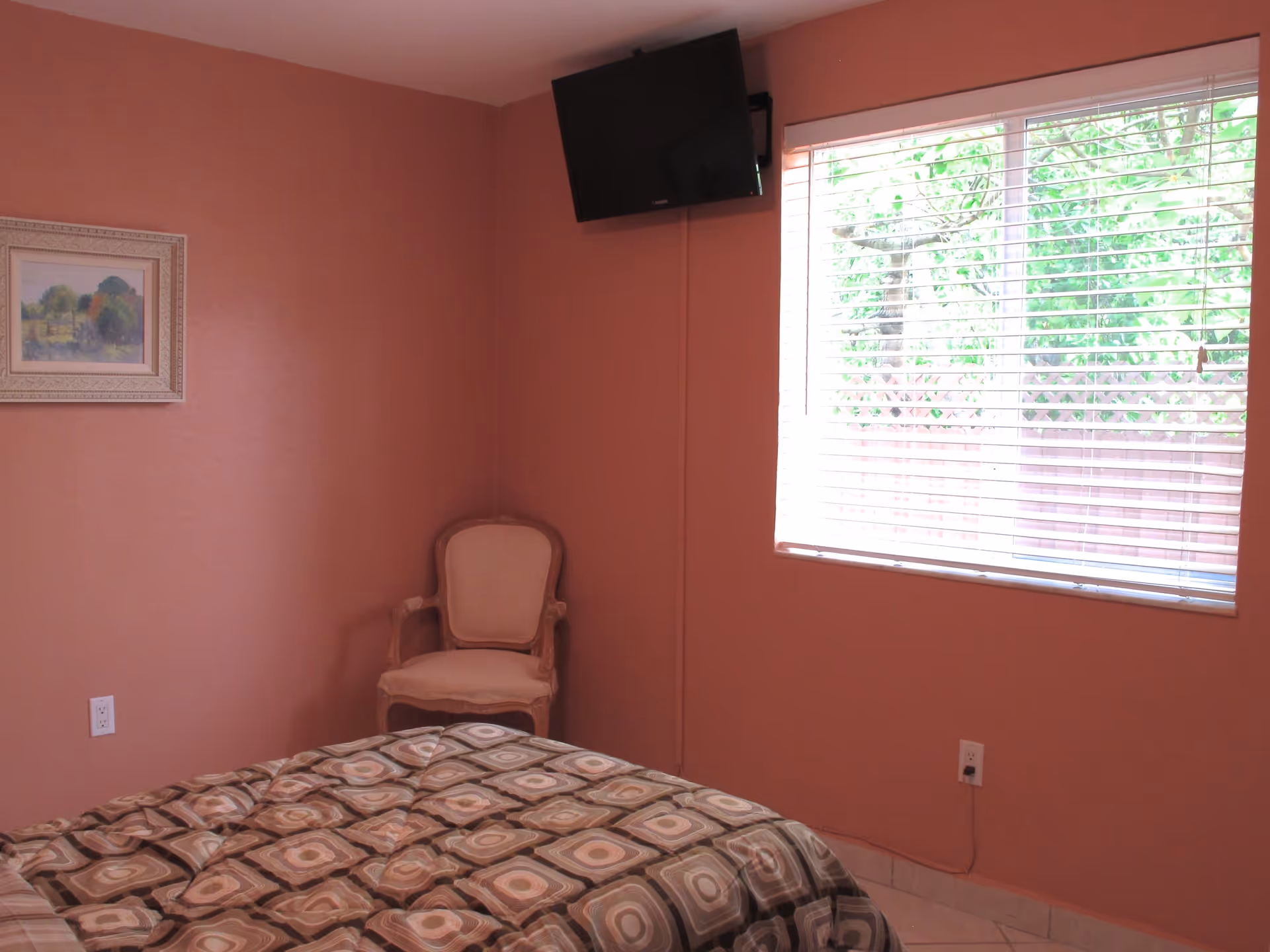 A bedroom with salmon-colored walls featuring a bed with a patterned bedspread, a beige upholstered armchair in the corner, a wall-mounted flat-screen TV, a large window with white blinds, and a framed landscape painting on the wall.