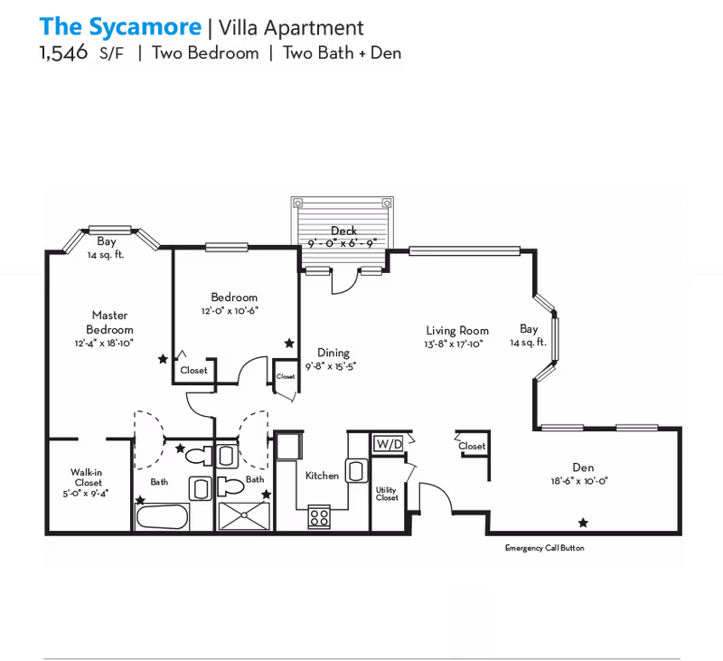 Floor plan of The Sycamore villa apartment at Evergreen Woods, showing a two-bedroom, two-bath plus den layout with dimensions for each room including master bedroom, bedroom, dining area, living room, den, kitchen, walk-in closet, utility closet, and deck.