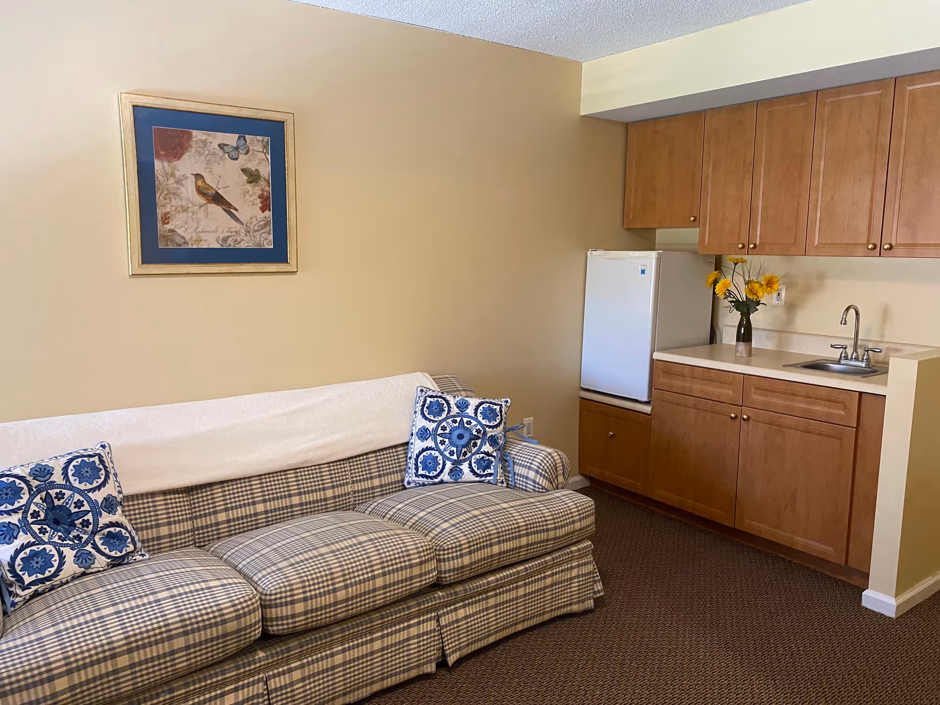 A small living area with a plaid sofa adorned with two blue and white patterned pillows and a white throw. On the wall above the sofa is a framed picture of a bird and a butterfly. To the right is a kitchenette with wooden cabinets, a small white refrigerator, a countertop with a sink, and a vase with yellow flowers.