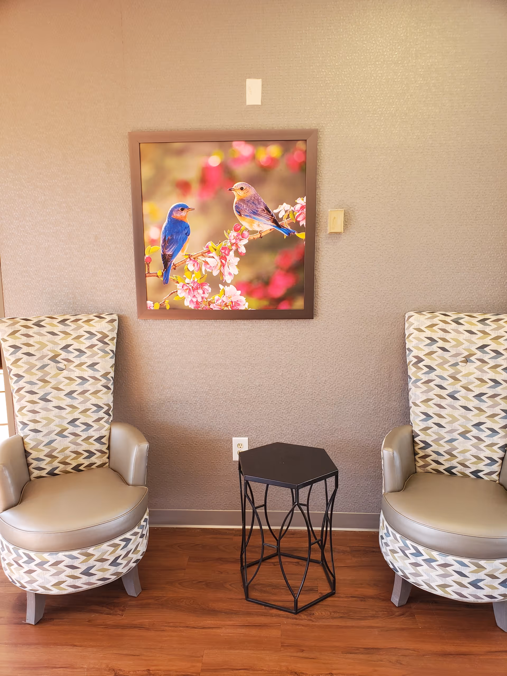 Two patterned armchairs with leather seats are positioned on either side of a small black metal hexagonal table. Above the table hangs a framed picture of two bluebirds perched on a flowering branch against a blurred background with pink flowers. The setting has a wooden floor and a textured beige wall.