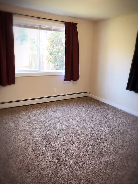 Empty room with beige carpet, cream-colored walls, a large window with maroon curtains on the left and a black curtain on the right, and a baseboard heater below the window.