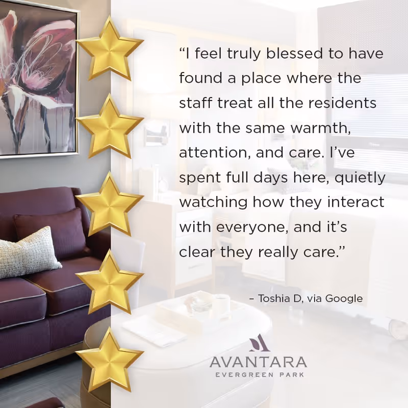 A cozy living room with a purple couch, a white pillow, a white coffee table with a tray, and a painting of a flower on the wall. Overlaid text shows a five-star rating and a testimonial praising the staff's warmth and care at Avantara Evergreen Park.