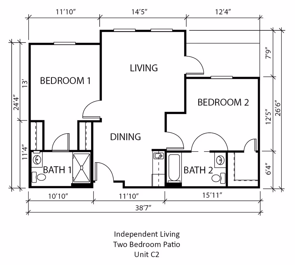 Floor plan layout of an independent living two-bedroom patio unit labeled Unit C2, showing dimensions and room labels including Bedroom 1, Bedroom 2, Living, Dining, Bath 1, and Bath 2.