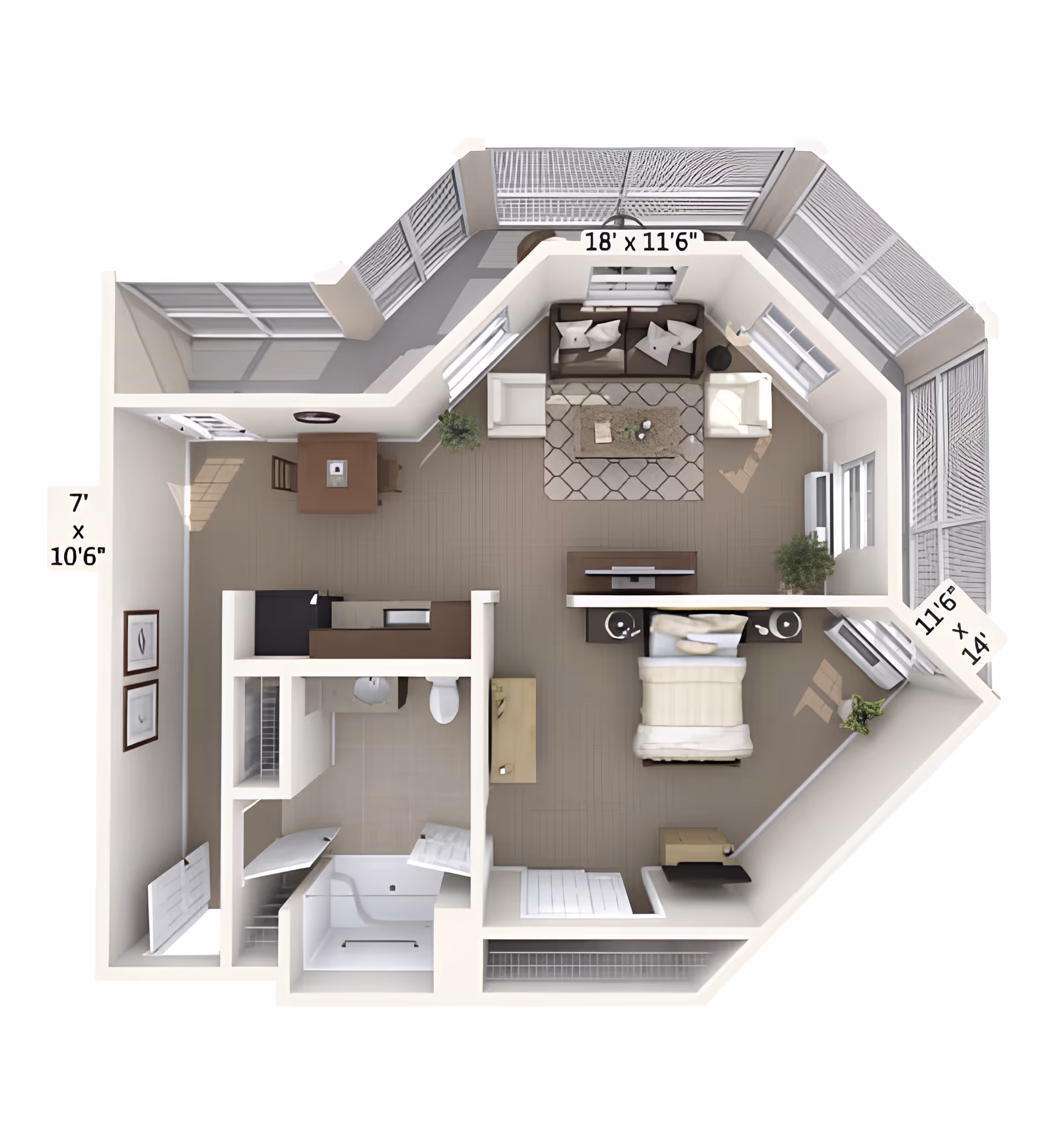 3D floor plan of a senior living apartment showing a living room with sofa, armchairs, and coffee table, a bedroom with a bed and nightstands, a bathroom with a shower and toilet, and a small dining area with a table and chairs. The apartment has large windows along the outer walls.