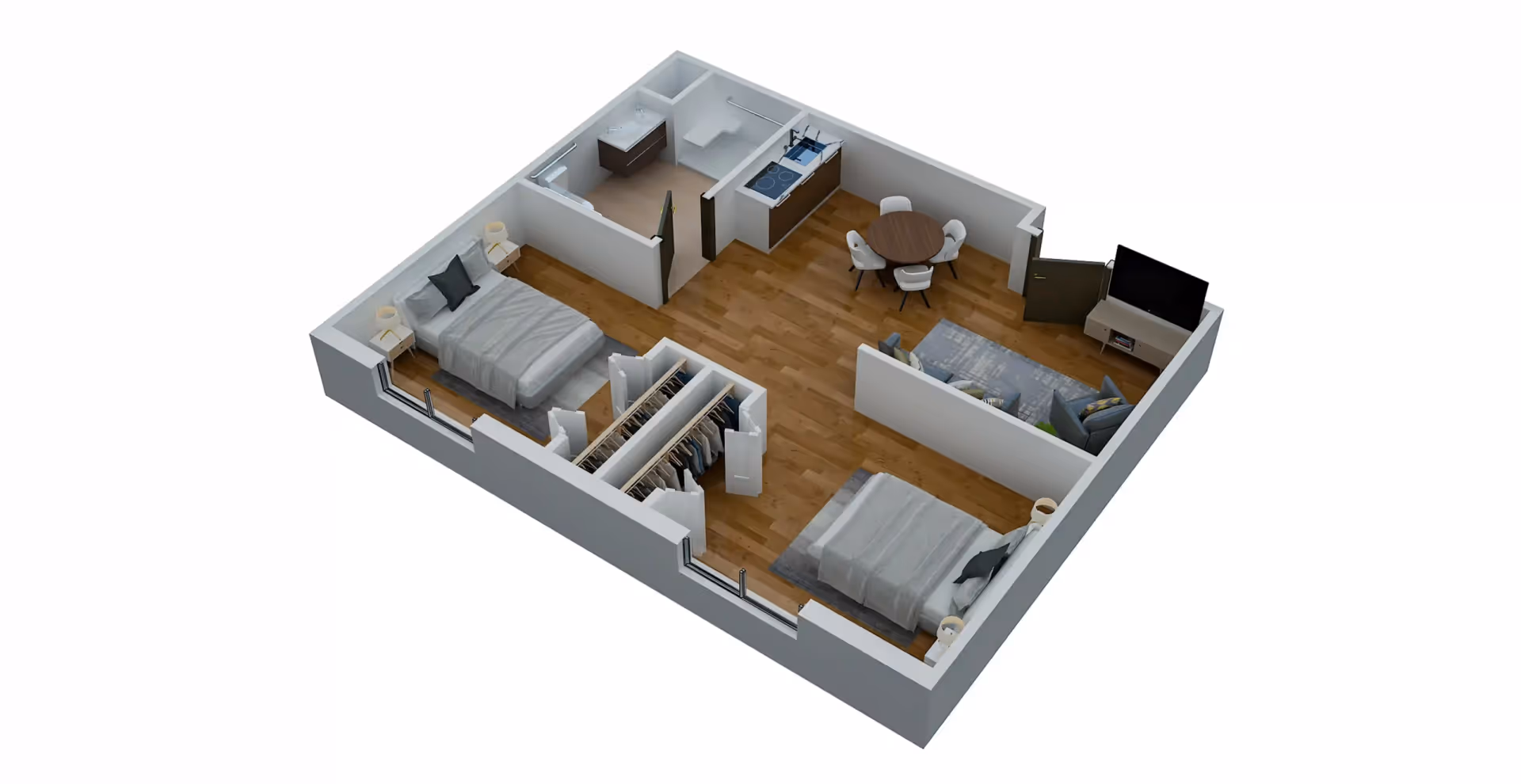 3D floor plan of an assisted living apartment with two bedrooms and living area.