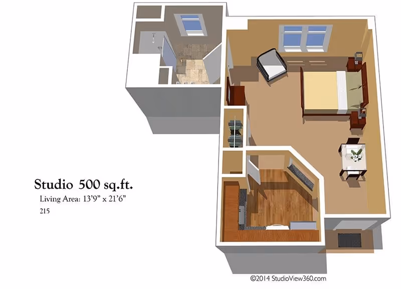 3D floor plan of a 500 sq.ft. studio apartment showing a living area with a bed, chair, nightstands, a small dining table with two chairs, a kitchen with appliances and cabinets, a bathroom with a shower, and a closet.