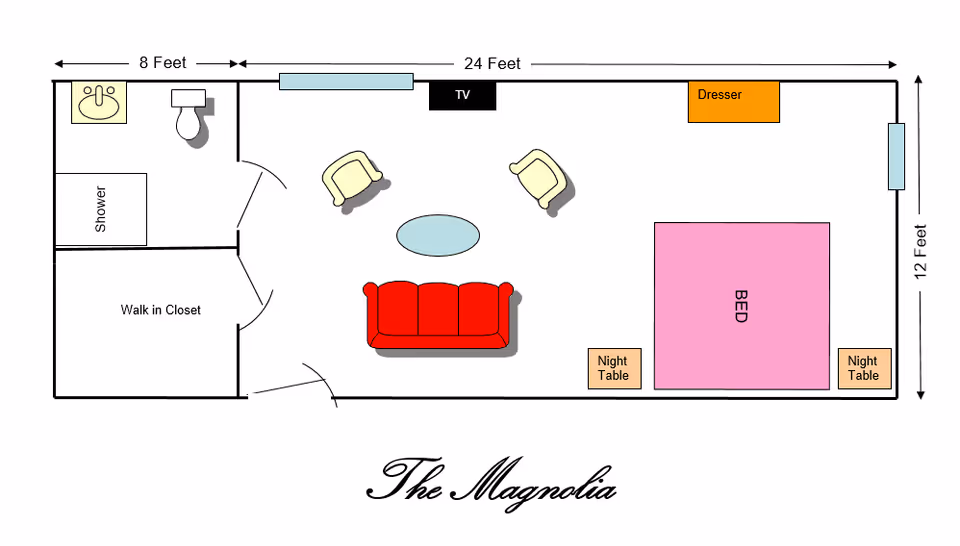 Floor plan of a room named The Magnolia at Savannah Court of Milledgeville, showing a layout with a bed, two night tables, a dresser, a living area with a red couch, two chairs, a coffee table, a TV, a walk-in closet, and a bathroom with a shower, sink, and toilet. Dimensions are 24 feet by 12 feet with an 8 feet bathroom area.