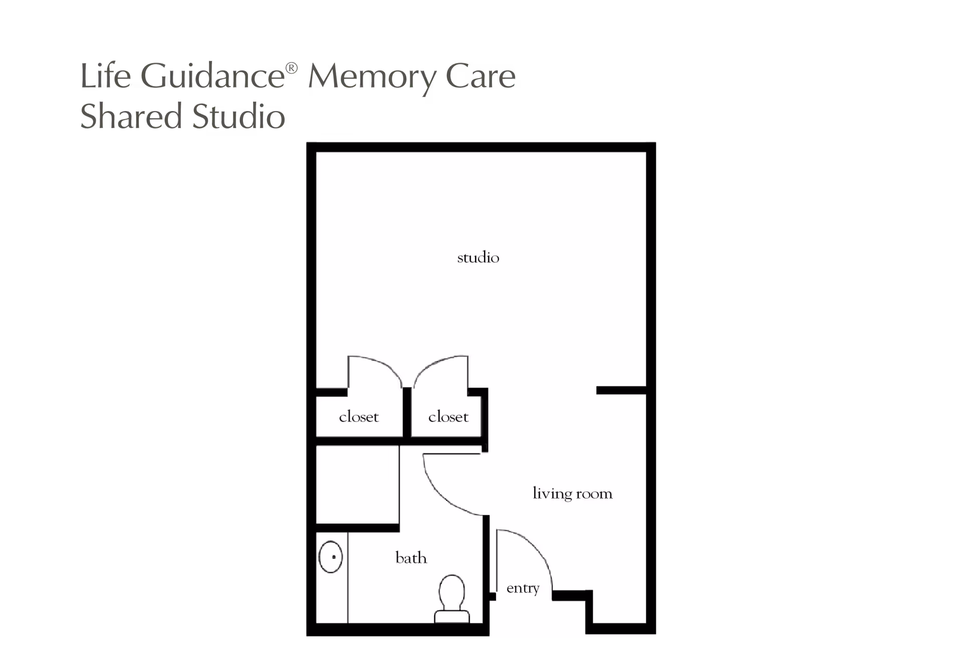 Floor plan of a Life Guidance Memory Care Shared Studio at Atria Grand Oaks showing a studio area, two closets, a bathroom, a living room, and an entry.