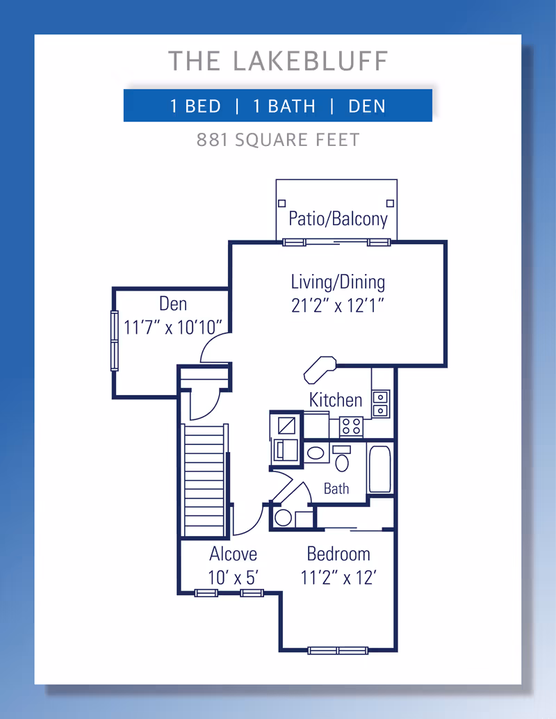 Floor plan titled THE LAKEBLUFF showing a 1 bedroom, 1 bath, den apartment layout with 881 square feet. The plan includes a den measuring 11'7" x 10'10", a living/dining area 21'2" x 12'1" with a patio/balcony, a kitchen, a bathroom, an alcove 10' x 5', and a bedroom 11'2" x 12'.