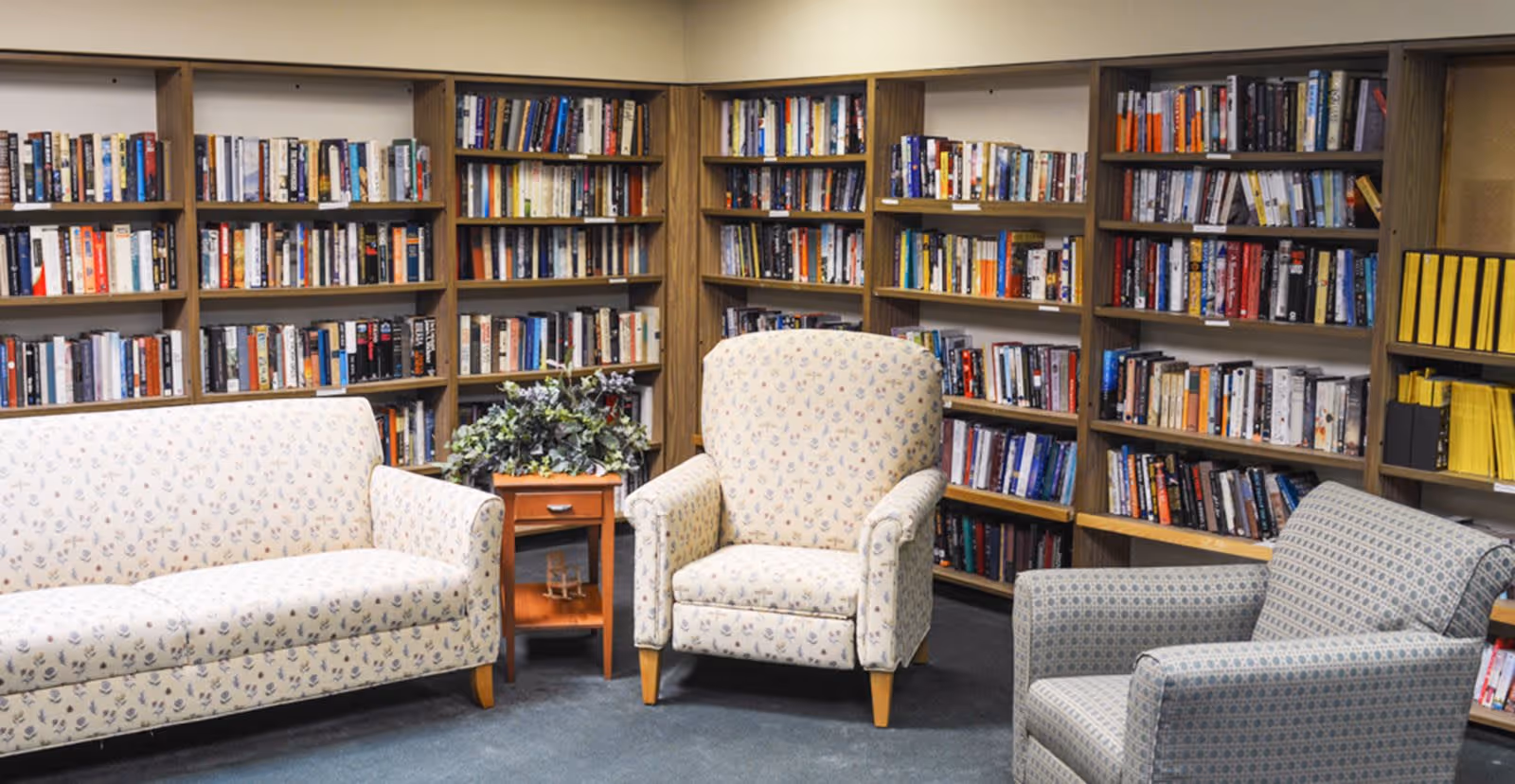 A cozy library room with multiple wooden bookshelves filled with books. There are three upholstered chairs and a small wooden side table with a plant on it in the center of the room.