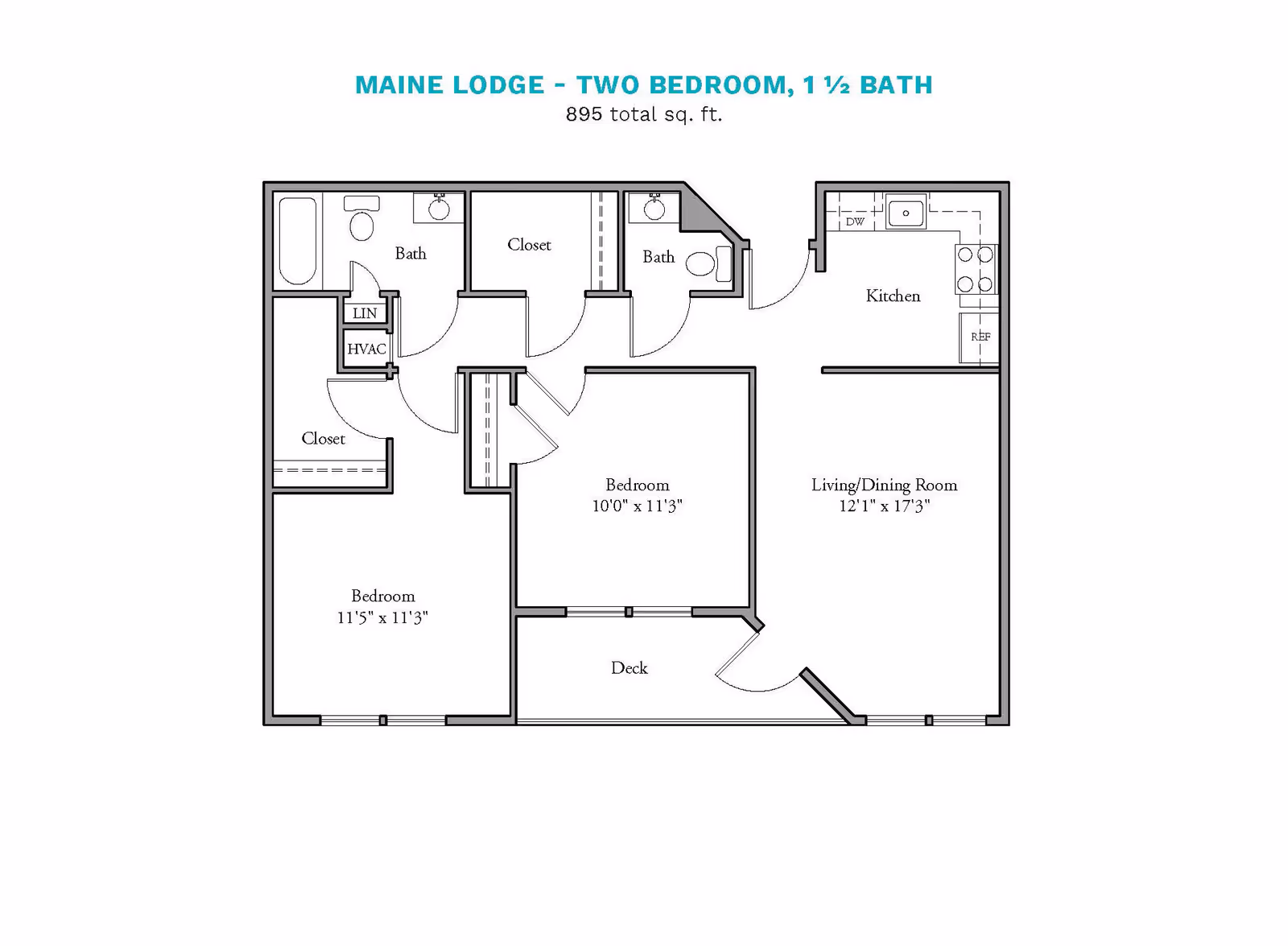 Floor plan of Maine Lodge showing a two-bedroom, one and a half bath apartment with a total of 895 square feet. The layout includes two bedrooms, two bathrooms, closets, a kitchen, a living/dining room, and a deck.