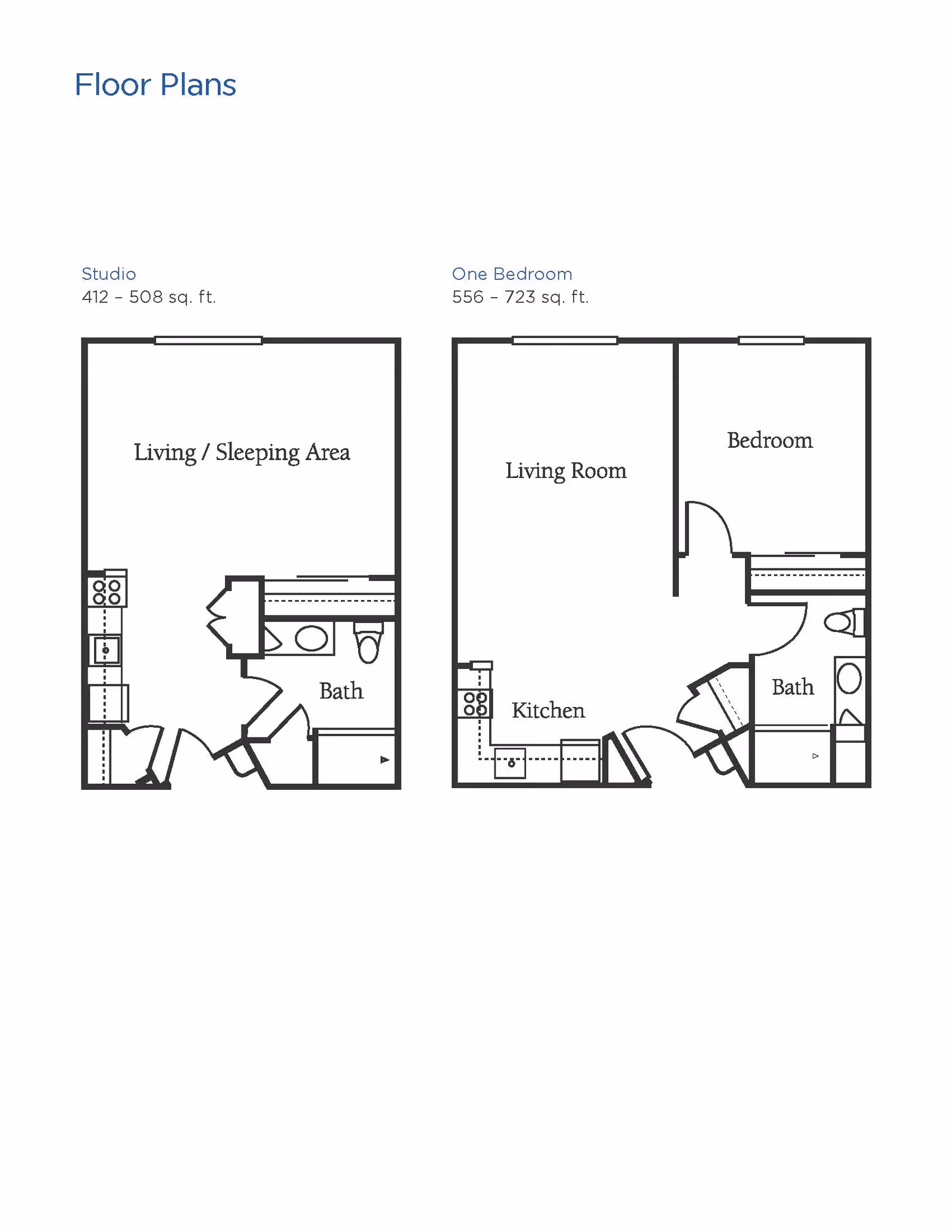 Floor plans for two apartment layouts at Brookdale Apache Junction. The first is a studio layout with a living/sleeping area, kitchen, and bathroom, ranging from 412 to 508 square feet. The second is a one-bedroom layout with a living room, kitchen, bedroom, and bathroom, ranging from 556 to 723 square feet.