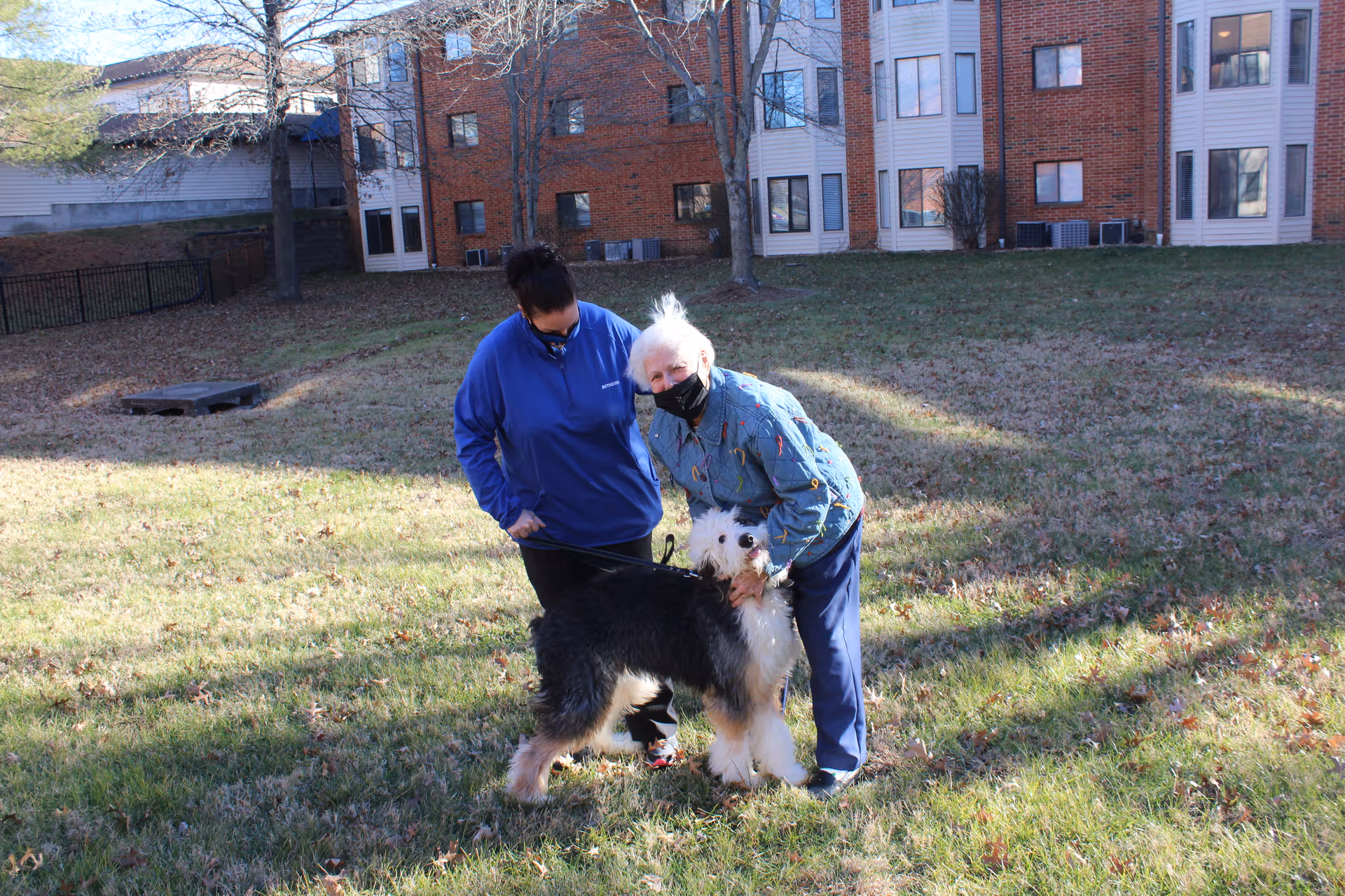 An elderly woman wearing a mask bends down to pet a large black and white dog while a caregiver in a blue jacket stands beside them on a grassy area outside a brick residential building.