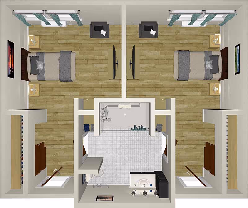 Top-down rendered floor plan showing two mirrored bedrooms flanking a central bathroom and kitchenette.