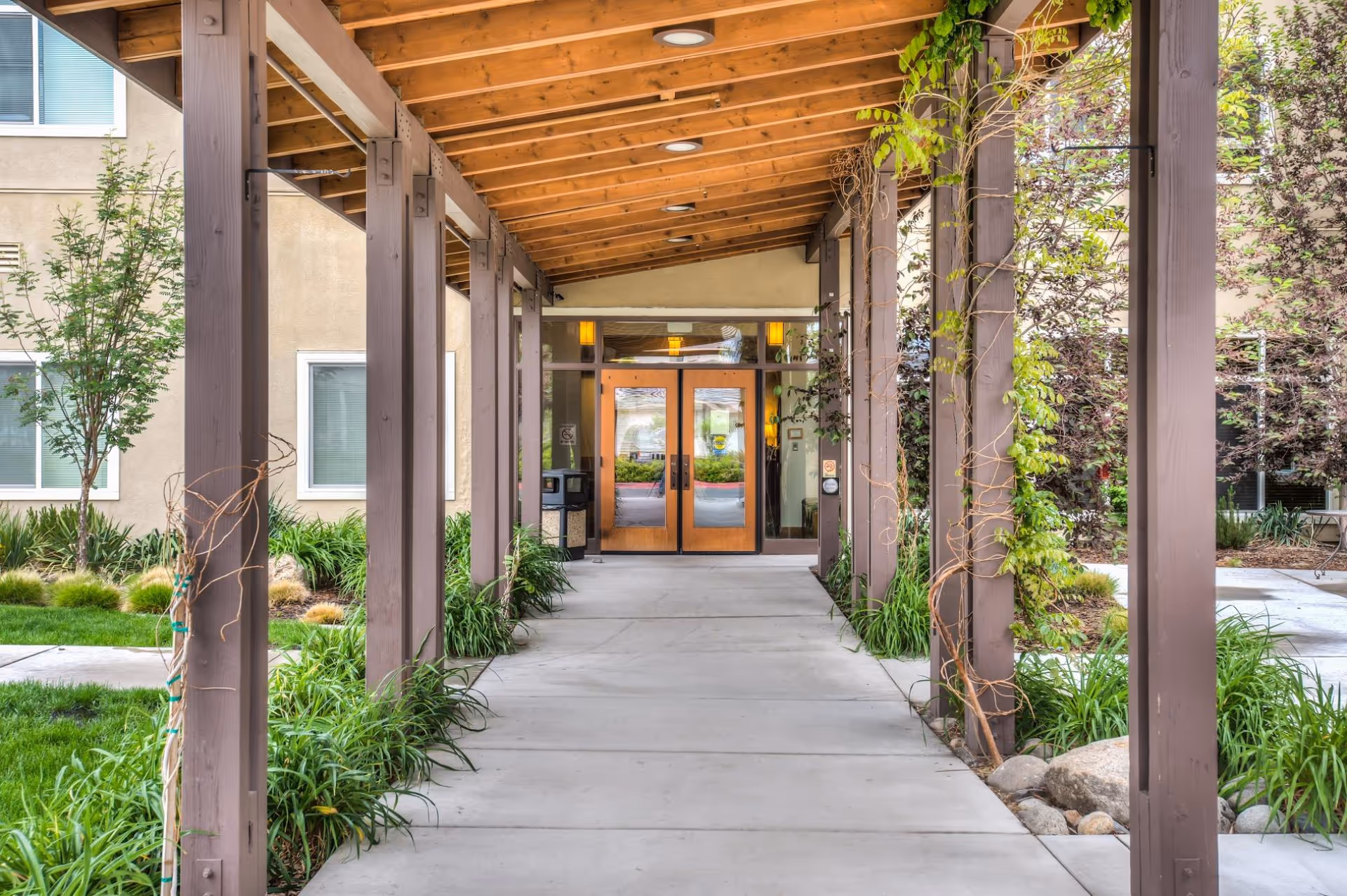 Covered walkway with wooden beams and a wooden ceiling leading to double glass doors entrance of a building. The walkway is surrounded by green plants and small trees on both sides.