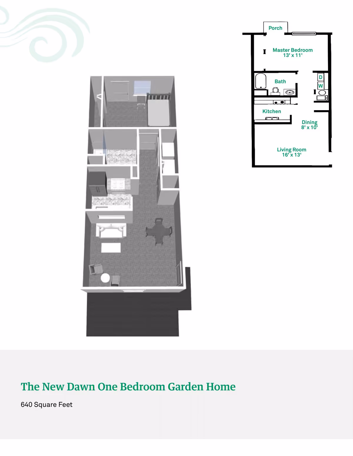 3D floor plan and 2D layout of The New Dawn One Bedroom Garden Home at Rosegate Commons, showing a master bedroom, bathroom, kitchen, dining area, and living room with furniture placement and dimensions.