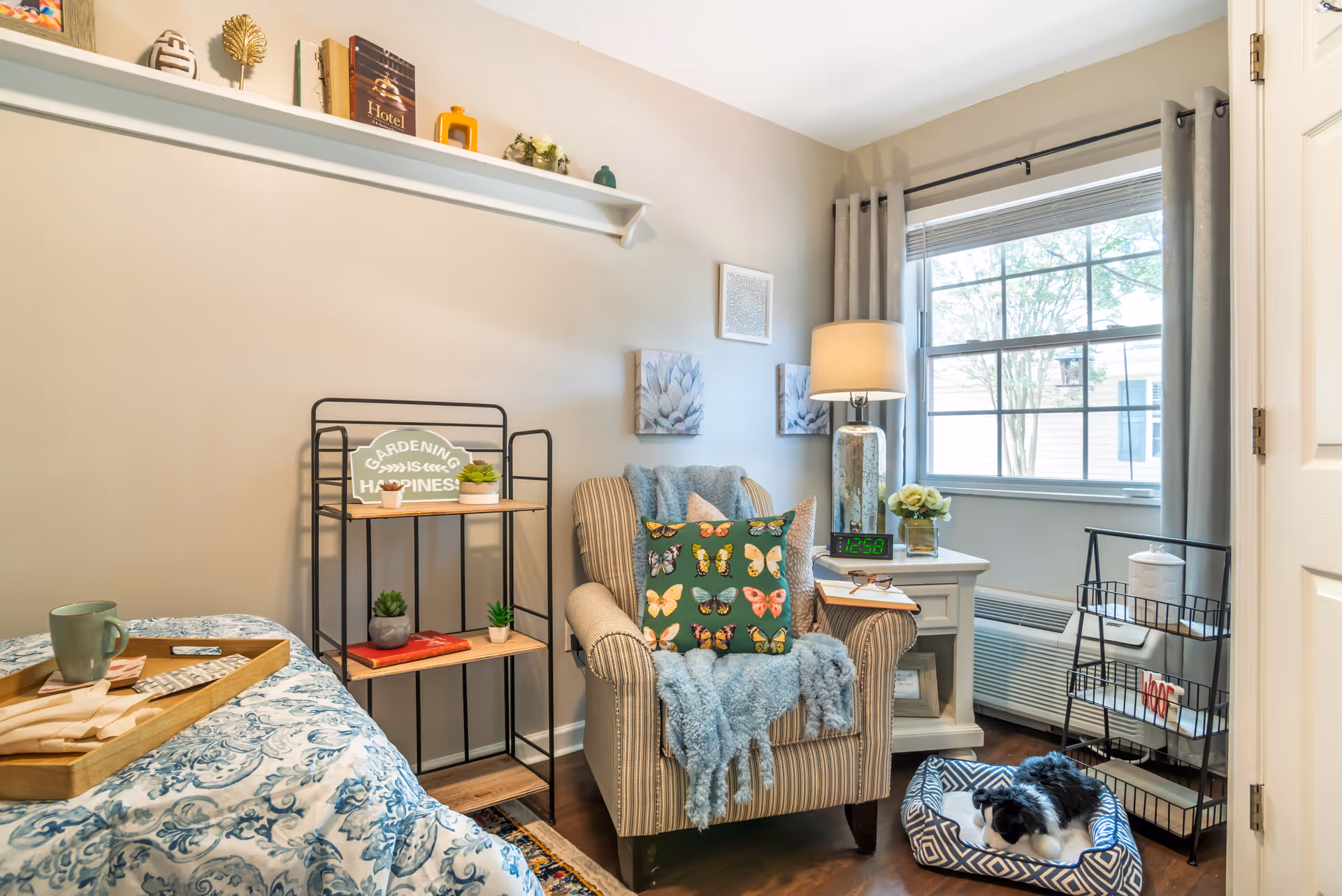 Cozy bedroom corner with a striped armchair draped with a blue throw and a butterfly-patterned pillow. Next to the chair is a white nightstand with a lamp, digital clock, and a small flower vase. A window with gray curtains lets in natural light. A small black and white dog rests in a blue and white patterned pet bed on the floor. A black metal shelf holds decorative plants and a sign that reads 'Gardening is Happiness'. A bed with a blue and white patterned cover and a wooden tray with a green mug and napkins is partially visible.