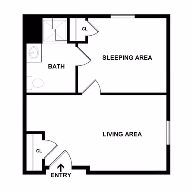 Floor plan layout showing an entry leading into a living area, a separate sleeping area, a bathroom with a shower, toilet, and sink, and two closets labeled CL.