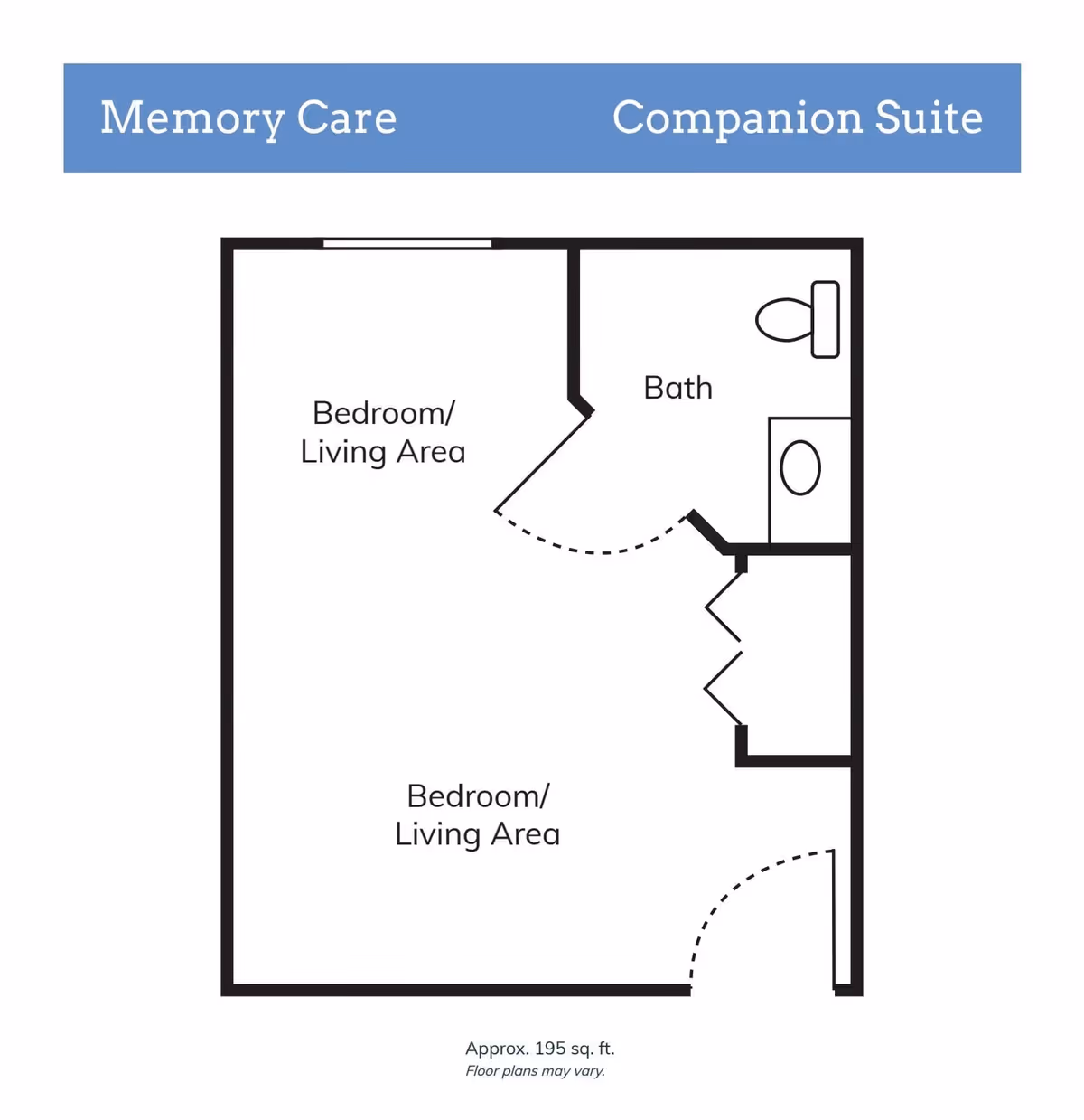 Floor plan of a Memory Care Companion Suite at Lark Springs showing two bedroom/living areas and a bathroom with a toilet and sink. The total area is approximately 195 square feet.