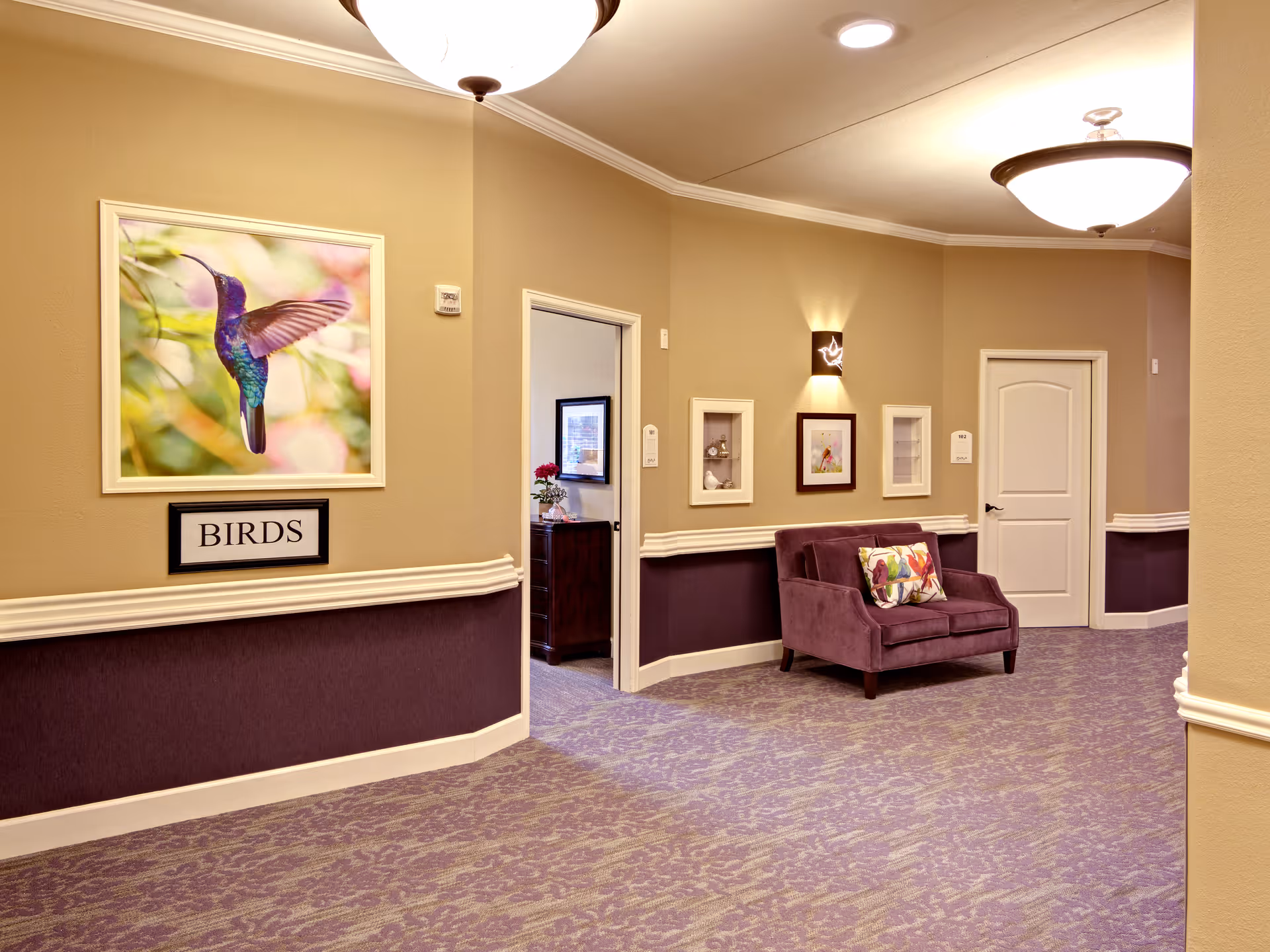 A hallway in a senior living facility with beige and purple walls, a purple carpet with a floral pattern, and a purple loveseat with a decorative pillow. The walls are decorated with framed pictures, including a large photo of a hummingbird labeled 'BIRDS'. There are two closed doors and one open door showing part of an office with a desk and flowers. Ceiling lights illuminate the space.