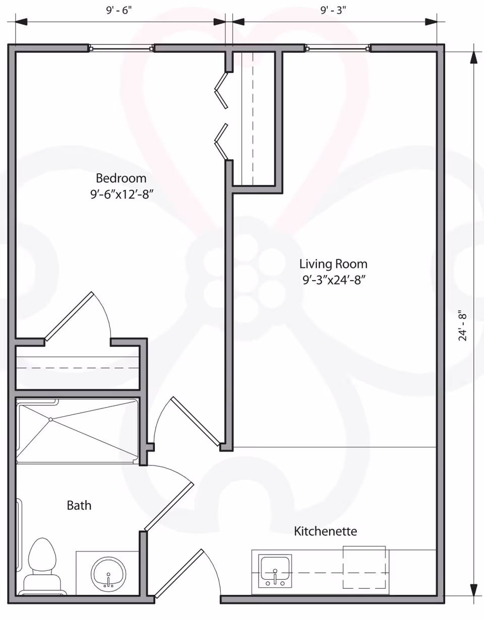 Floor plan of a living space at Carolina Reserve of Laurel Park showing a bedroom measuring 9 feet 6 inches by 12 feet 8 inches, a living room measuring 9 feet 3 inches by 24 feet 8 inches, a kitchenette with a sink, and a bathroom with a toilet and sink. The layout includes doors and closet spaces.