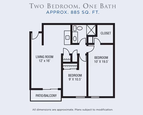 Floor plan of a two-bedroom, one-bath apartment approximately 885 square feet, showing a living room, two bedrooms, one bathroom, closet, and a patio/balcony.