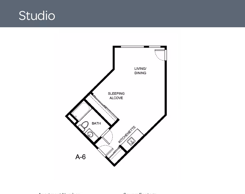 Floor plan of a studio apartment labeled A-6 showing a living/dining area, sleeping alcove, bath with bathtub, toilet and sink, and a kitchenette with a sink.