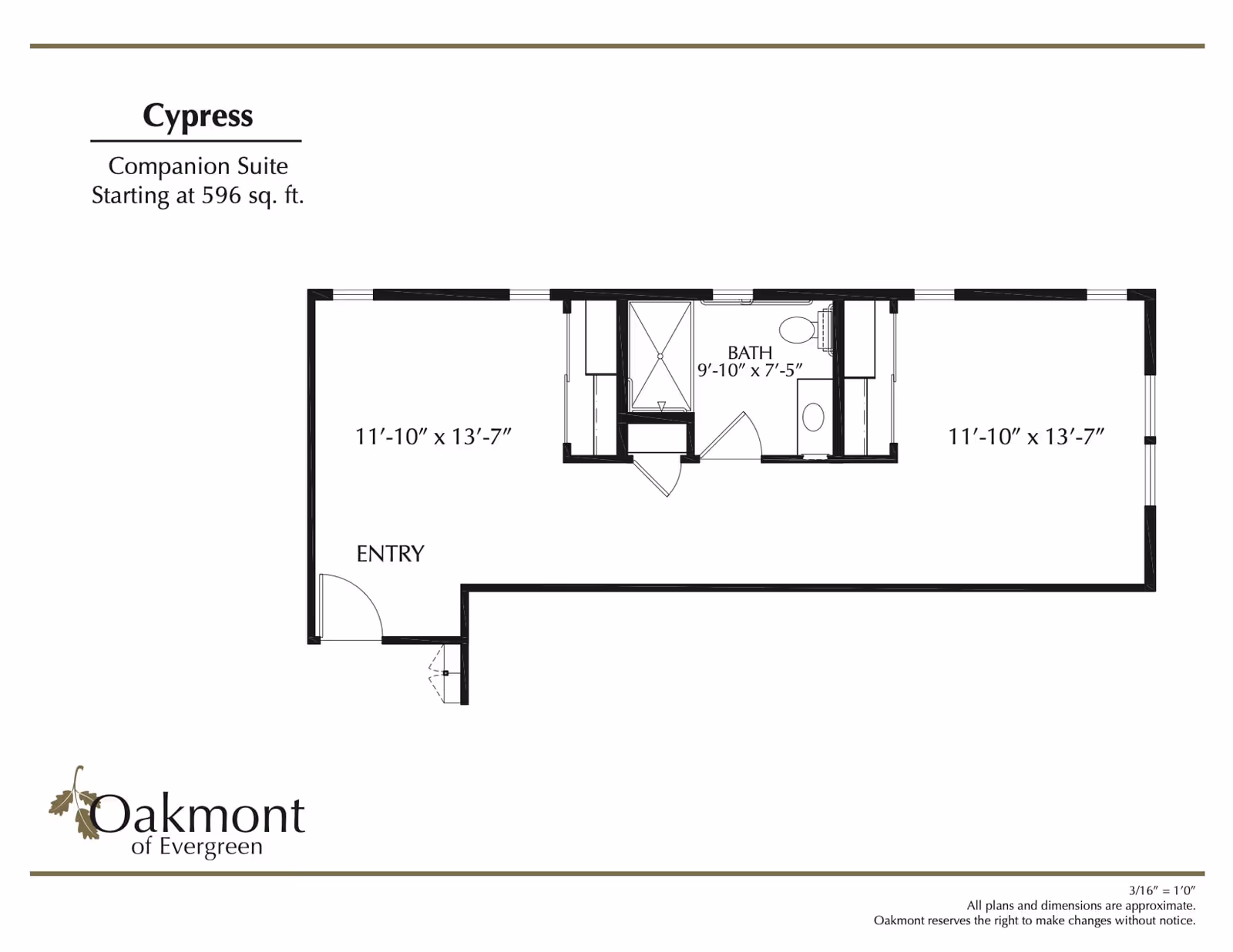Floor plan of the Cypress companion suite at Oakmont of Evergreen, starting at 596 square feet, showing two main rooms each measuring 11 feet 10 inches by 13 feet 7 inches, an entry area, and a bathroom measuring 9 feet 10 inches by 7 feet 5 inches.