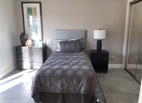 Single-bed bedroom with gray bedding, two nightstands (one with a lamp), a dresser with framed art, and mirrored closet doors.