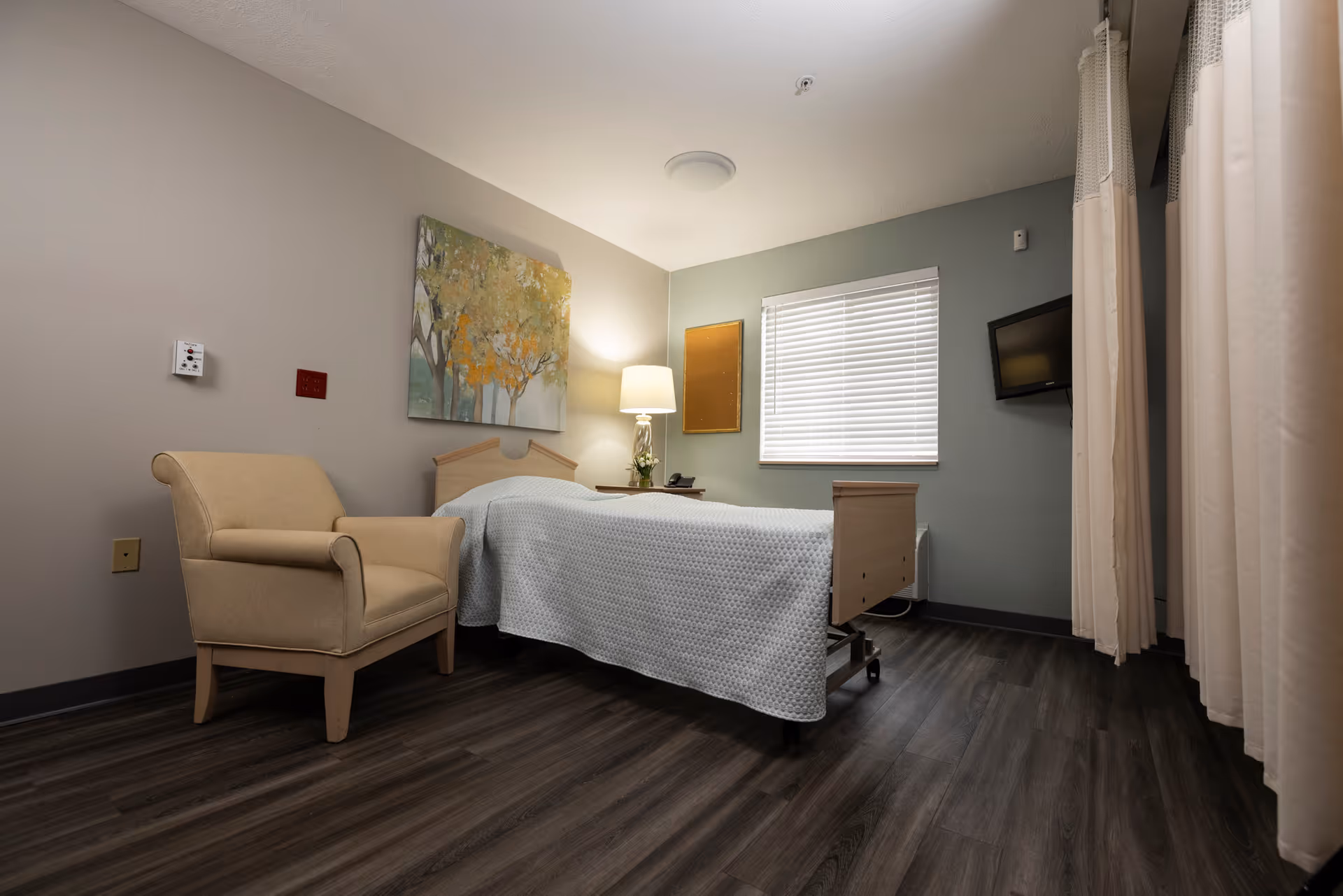 A senior care facility bedroom with a single bed covered in a white textured blanket, a beige armchair, a bedside table with a lamp and a small plant, a window with blinds, a wall-mounted TV, and a painting of trees on the wall.