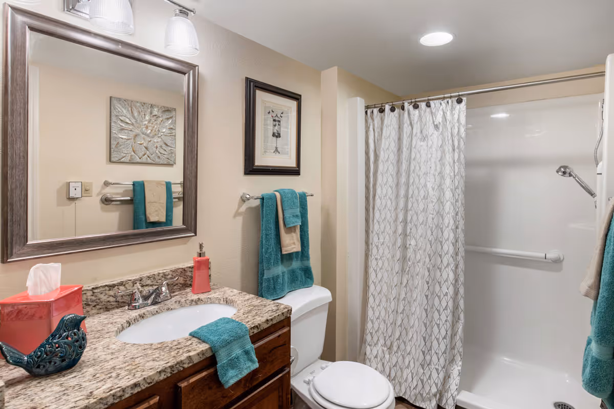 A bathroom with a granite countertop vanity featuring a sink, a large framed mirror above, and a decorative blue bird figurine and pink tissue box on the counter. There are teal and beige towels hanging on a towel rack above a white toilet. A shower with a white curtain and a handheld showerhead is visible to the right. The walls are beige, and there is framed artwork on the wall.