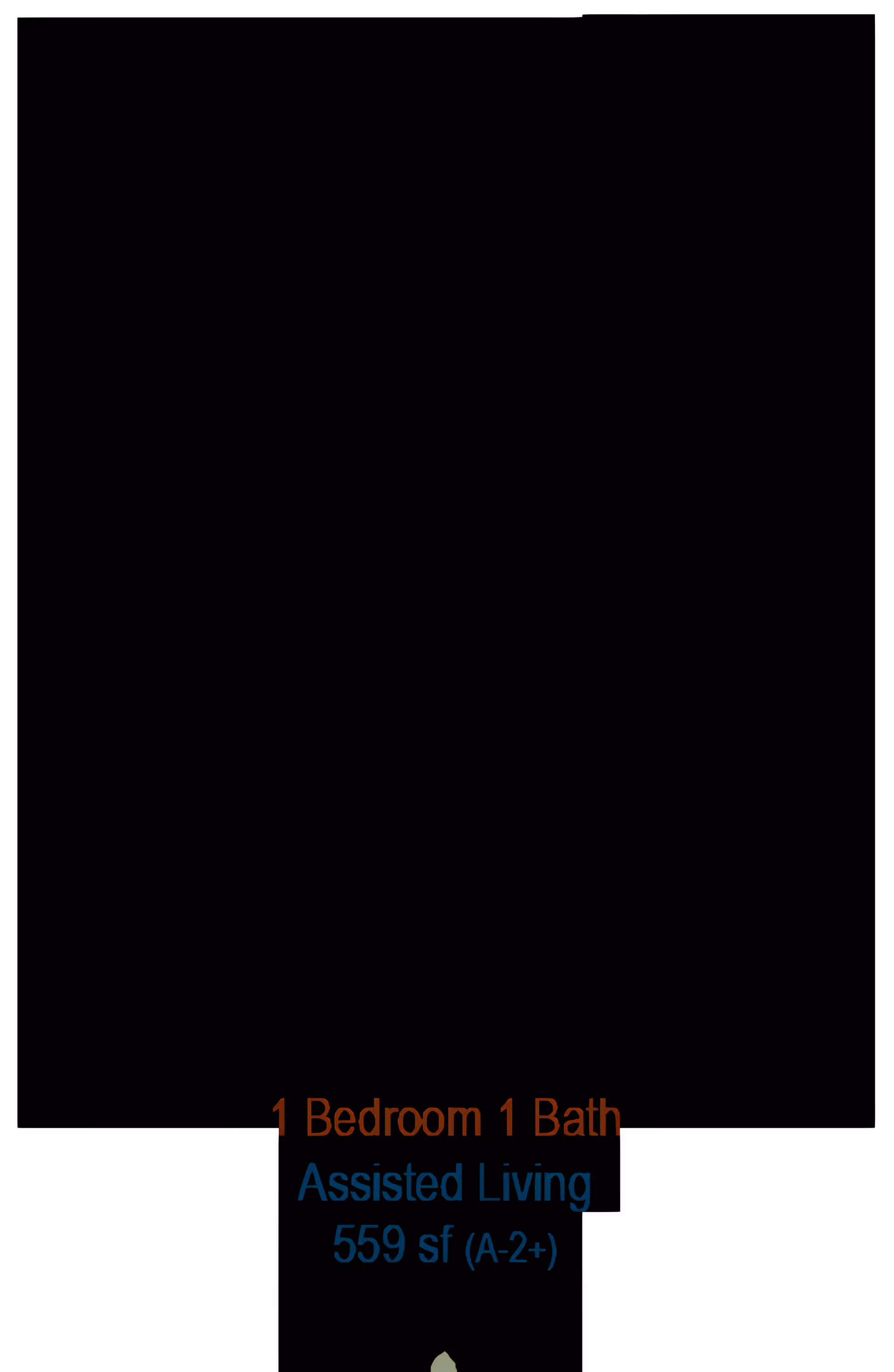 Floor plan of a 1 bedroom, 1 bathroom assisted living apartment at MorningStar Senior Living of Idaho Falls, showing the layout of the bedroom, bathroom, kitchen, living area, and dining space with labeled dimensions.