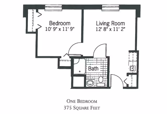 Floor plan of a one-bedroom apartment with a bedroom measuring 10 feet 9 inches by 11 feet 9 inches, a living room measuring 12 feet 8 inches by 11 feet 2 inches, and a bathroom. The total area is 375 square feet.