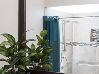A bathroom interior featuring a shower area with beige tiled walls and a decorative horizontal tile strip. A blue shower curtain is partially visible, along with a chrome showerhead and grab bars. A green leafy plant is reflected in a mirror on the left side of the image.