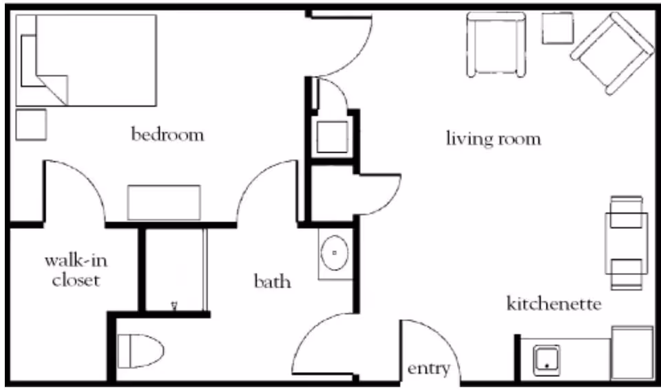 Floor plan layout of a living space at Novellus Kingwood showing a bedroom with a bed and nightstand, a walk-in closet, a bathroom with a toilet and sink, a living room with chairs and a small table, a kitchenette with a sink and counter, and an entry area.