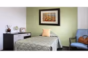 A small bedroom with a single bed covered in a green quilt and a beige pillow. There is a black dresser with decorative items on top, including a small plant and a photo frame. A framed picture of a forest scene hangs on the light green wall behind the bed. A blue upholstered chair with a brown handbag on it is positioned to the right of the bed.