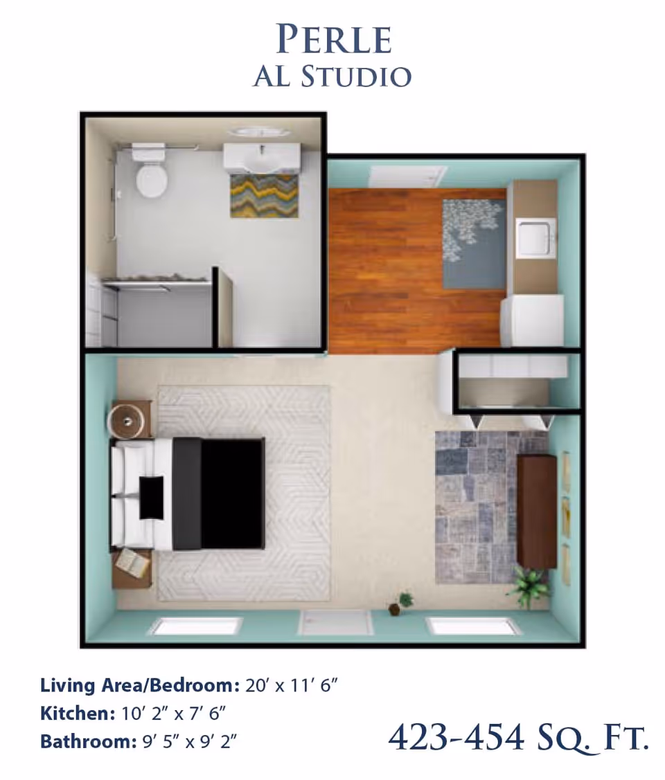 Floor plan of a studio apartment named Perle at Legacy Living Jasper, showing a combined living area and bedroom with a bed, nightstand, and rug, a kitchen area with appliances and a rug, and a bathroom with a toilet, sink, and shower.