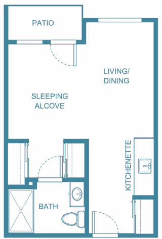 Floor plan of a living space featuring a patio, sleeping alcove, living/dining area, kitchenette, and a bathroom with a shower, toilet, and sink.