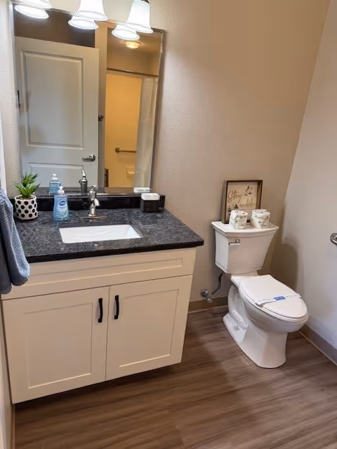A modern bathroom with a white vanity topped by a dark countertop and sink, a mirror and lights above, and a toilet beside the door.