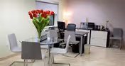 Modern lounge inside with glass round dining table, grey chairs, and a red tulip centerpiece.