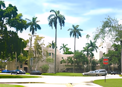 Exterior view of a building surrounded by tall palm trees and other greenery under a partly cloudy sky. Several cars are parked along the street in front of the building.
