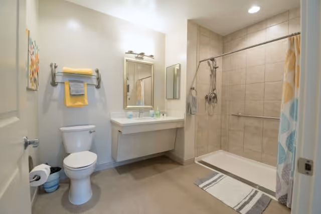 Accessible bathroom with a toilet, wall-mounted sink and mirror, and a tiled roll-in shower with a patterned curtain.