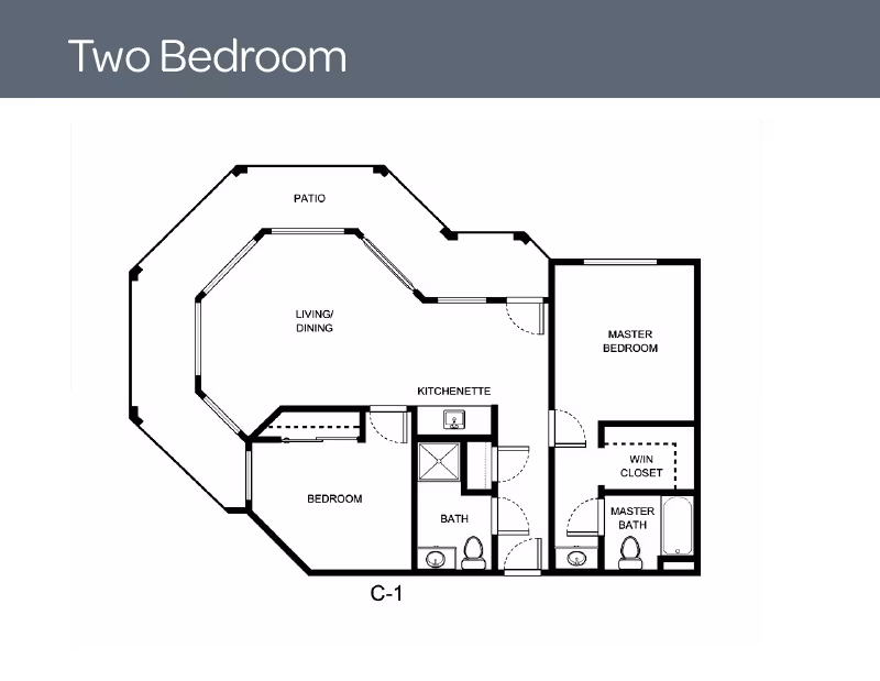 Black-and-white two-bedroom floor plan labeled 'Two Bedroom' showing living/dining with patio, kitchenette, two bedrooms, two bathrooms and a walk-in closet.