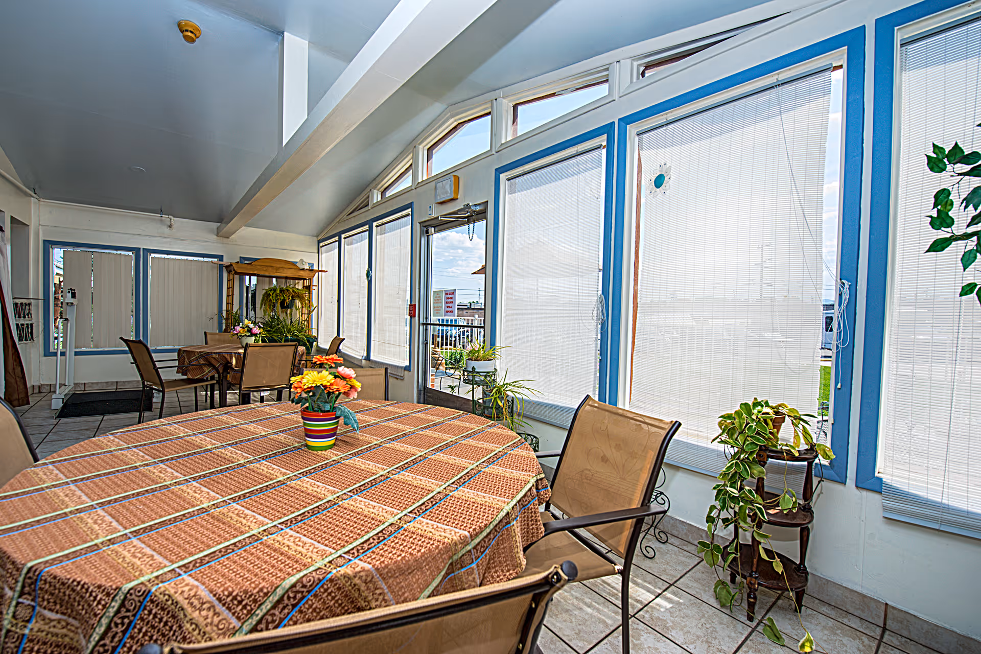 Sunlit sunroom-style dining area with a large table covered in a patterned tablecloth, chairs, potted plants, and tall windows with blinds.