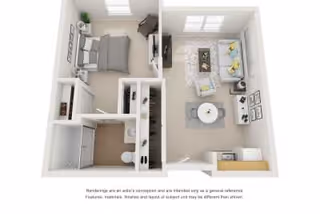 3D floor plan of a one-bedroom apartment featuring a bedroom with a bed and chair, a bathroom with a toilet and sink, a living room with sofas, a coffee table, a TV, and a small kitchen area with appliances and cabinets.