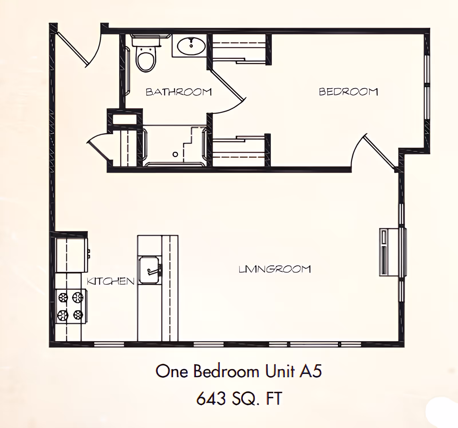 Black-and-white floor plan labeled 'One Bedroom Unit A5, 643 SQ. FT' showing a bedroom, bathroom, kitchen, and living room.
